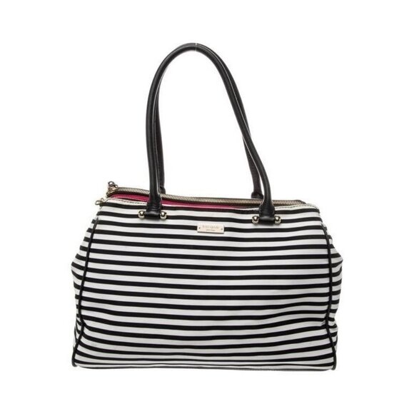 Kate Spade Black & White Striped Satchel Handbag With Pink Polka Dot Interior - Picture 1 of 5